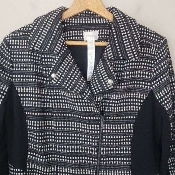 Chico's | Black & White Asymmetrical Zip Moto Jacket - Picture 4 of 10